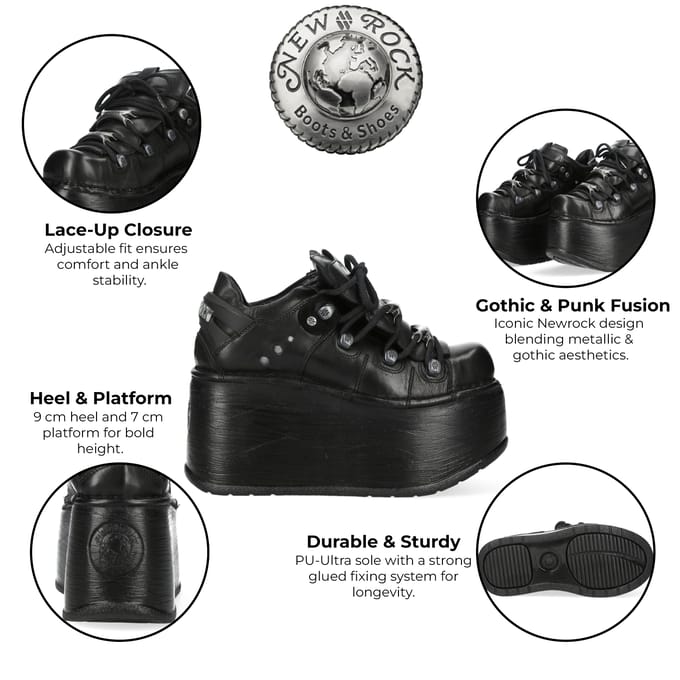New Rock M-120N-C96 Zwarte Leren Gothic Chunky Platform Enkellaarsjes