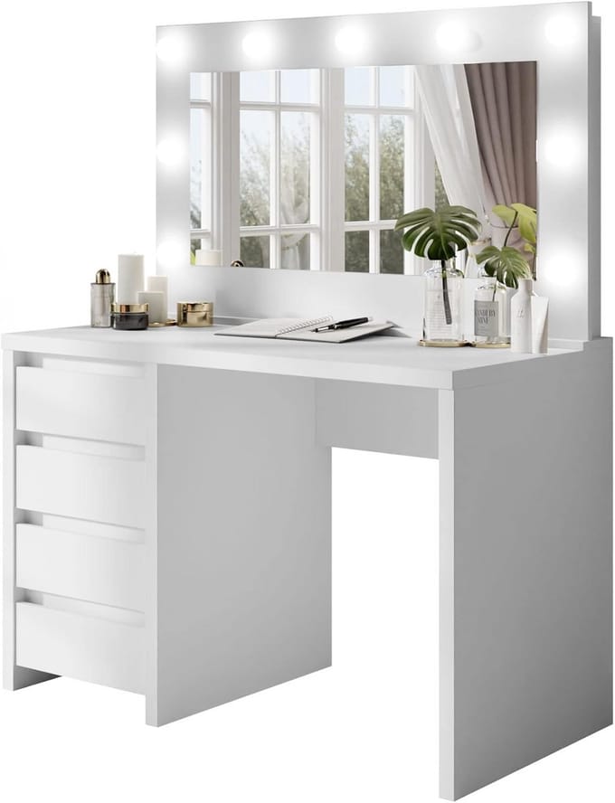 Glamoureuze Make-up Tafel met Spiegel en LED Verlichting, Modern Wit Consola