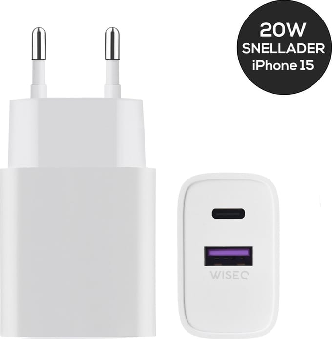 USB & USB C snellader – oplader met 2 poorten – USB C adapter geschikt voor iPhone 17/16/15 en Samsung – wit – WiseQ
