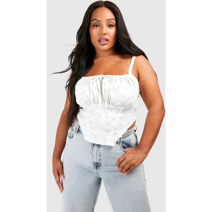 boohoo Dames Plus Tie Front Ditsy Korset Top | Lemon | Maat: 28