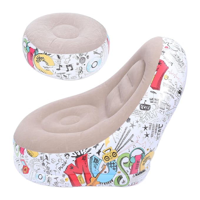 Opblaasbare Loungestoel Cartoon Graffiti Minimalistisch Velours Luchtbank Sofa met Voetenbank voor white