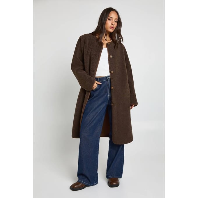 boohoo Dames Teddy Zonder Kraag Maxi Jas | Brown | Maat: 8