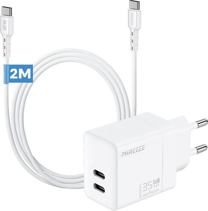 Phreeze usb C oplader 35 W met usb C naar usb C kabel 2 meter - Power Delivery oplader - GaN charger met 2 usb C poorten