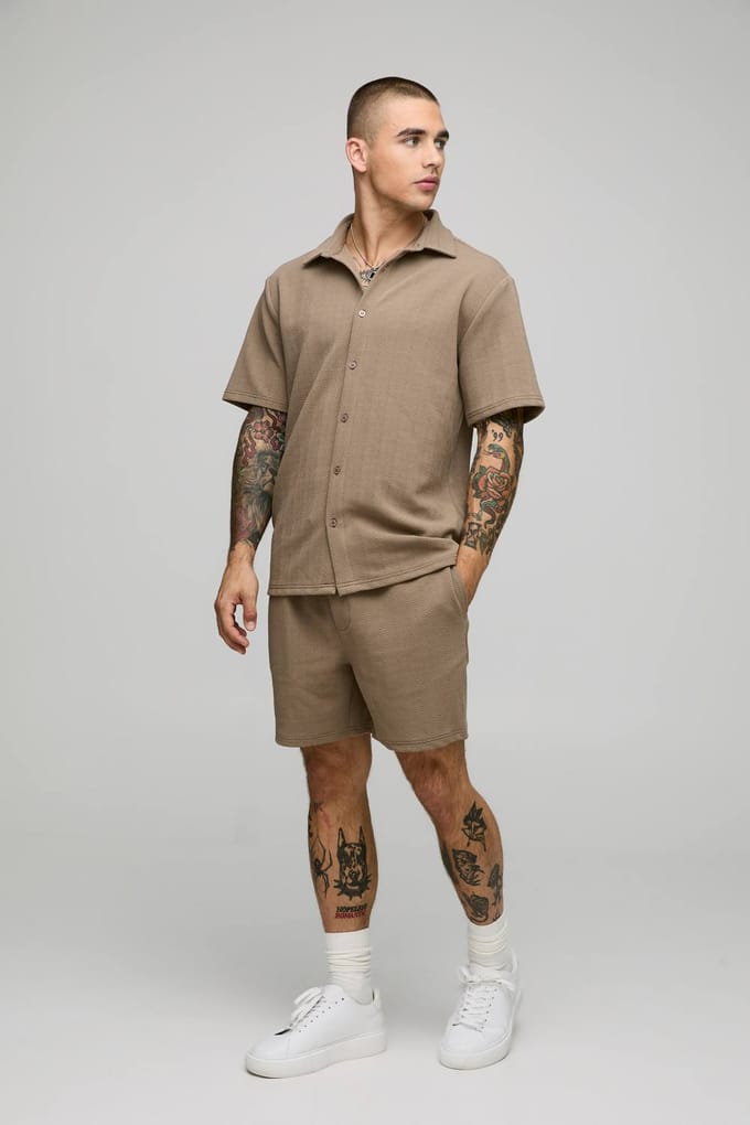 Korte mouw jersey regulier visgraat overhemd en shortset | Taupe | Size 3XL