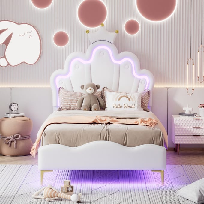 Kinderbed Prinses 90x200 – LED Hoofdbord – Wit – Gestoffeerd Bedframe