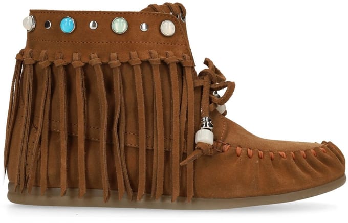 Sacha - Dames - Cognac suède veterschoenen met franjes - Maat 38