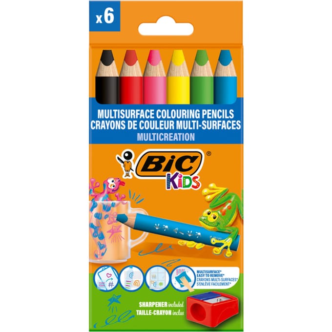 Kleurpotloden BicKids Multi Surface inclusief puntenslijper assorti pak à 6 stuk