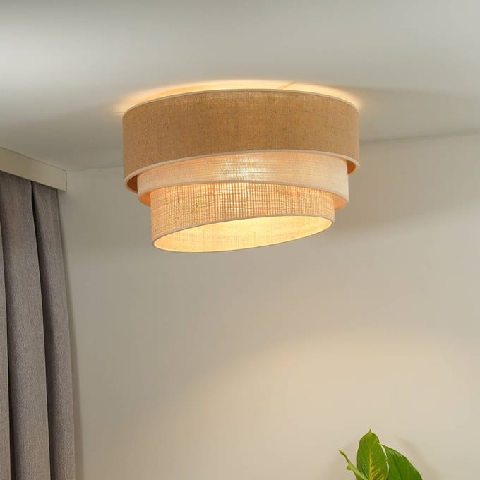 Euluna plafondlamp Trio jute, naturelbruin/wit/raffia Ø 60 cm