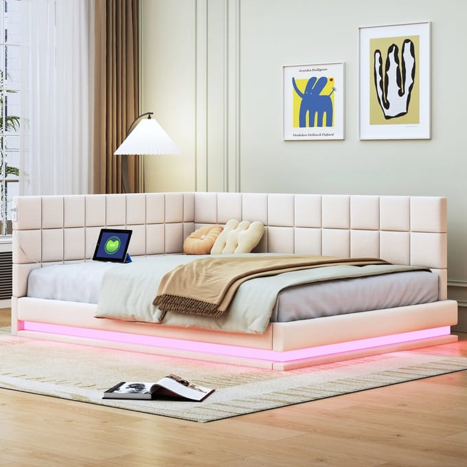 Slaapbank - 140x200 cm - met LED, USB en Lattenbodem - Linnen - Beige