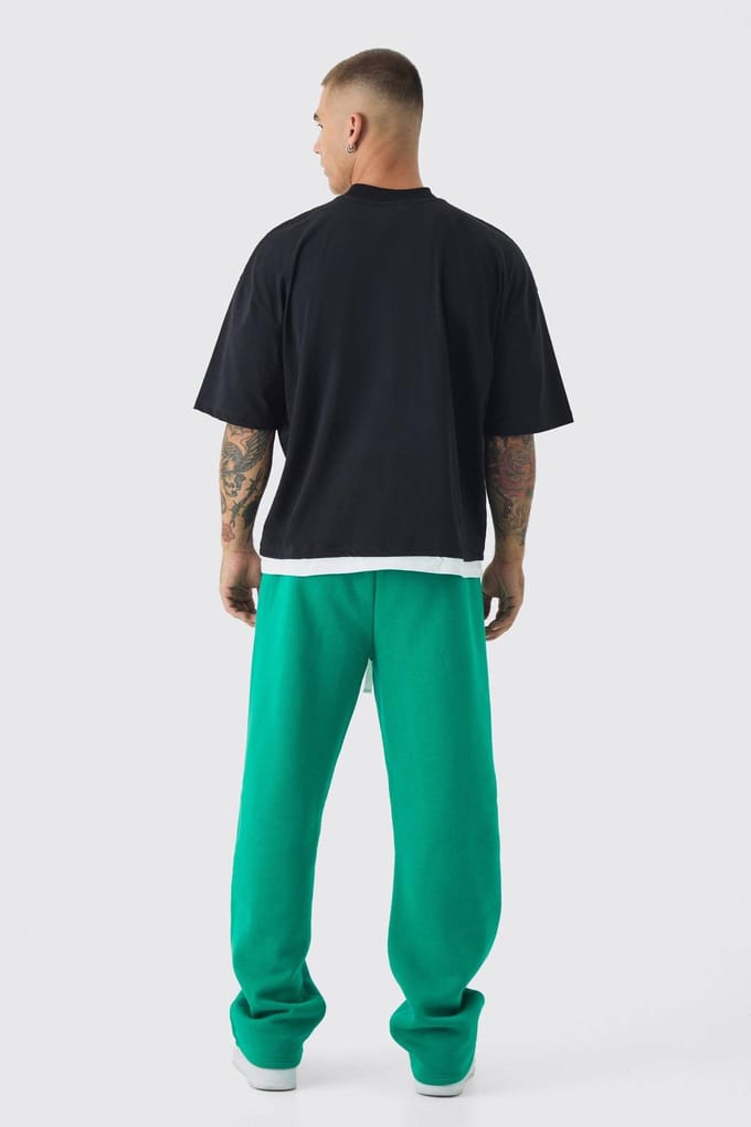 Oversized Graphic Faux Layer T-Shirt And Jogger Set | Green | Size Medium