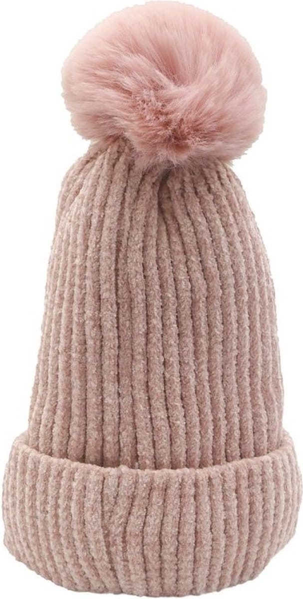 Winter Muts Gewatteerd met Pompon - Oudroze - One size - 100% Acryl Wol - Lekker zachte en warme Wintermuts