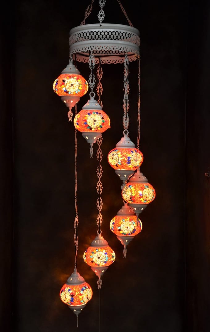 Hanglamp multicolour wit roze glas mozaïek Oosterse lamp kroonluchter Crèmewit 7 bollen