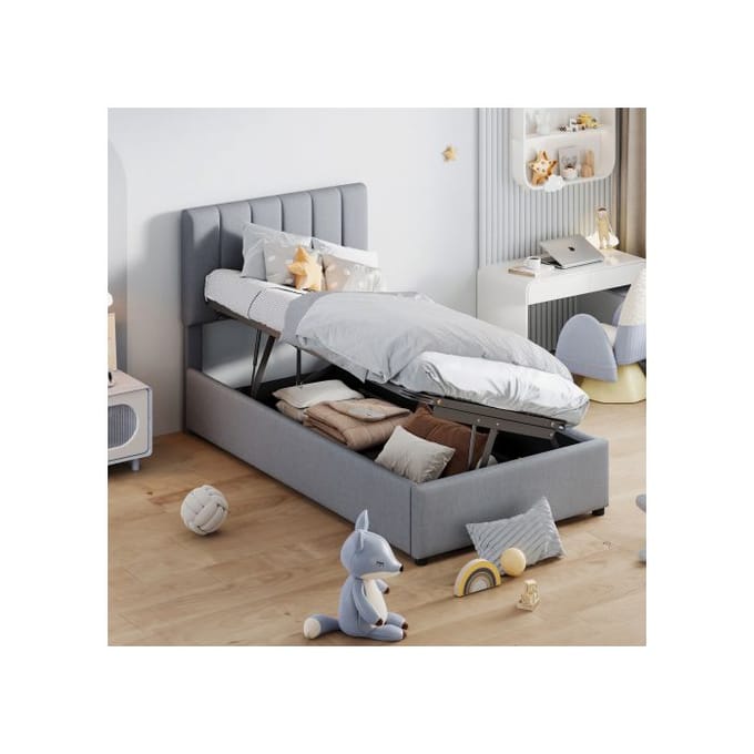 Lit d'enfant - MUVOE - 90x200 cm - Rangement hydraulique - Tissu en lin doux - Gris gris