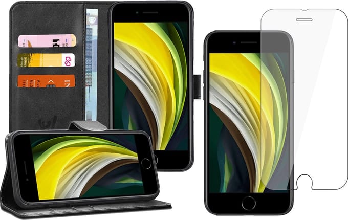 Hoesje geschikt voor iPhone SE 2022 / 2020 / 8 / 7 - Screen Protector GlassGuard - Book Case Kunstleer Pasjeshouder Zwart & Screenprotector