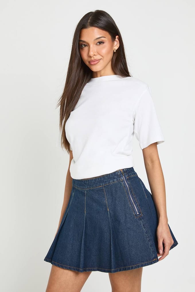 boohoo Dames Geplooide Denim Rok | Donker Indigo | Maat: 34