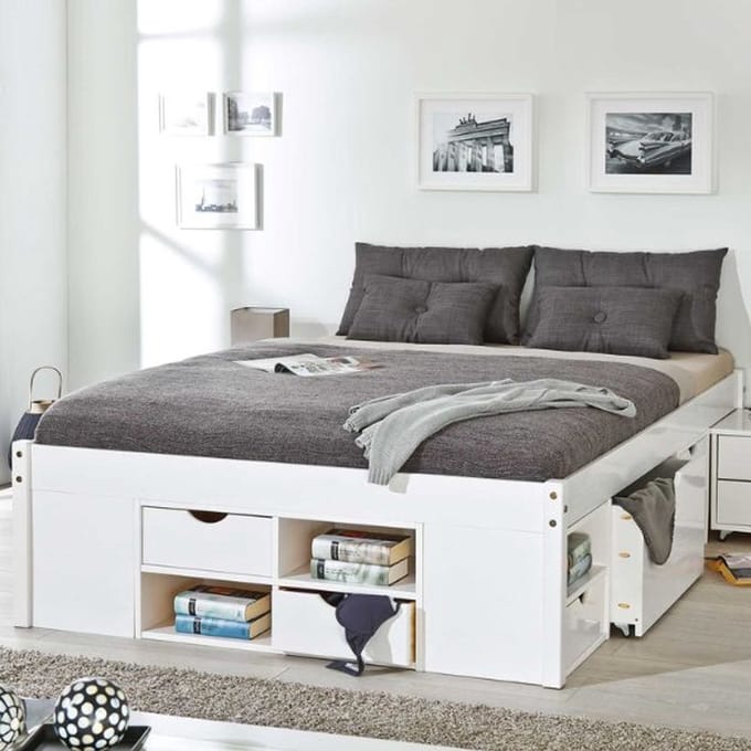 Interlink Bed Till 180 × 200 cm – massief grenen – wit – met nachtkastjes en opbergruimte