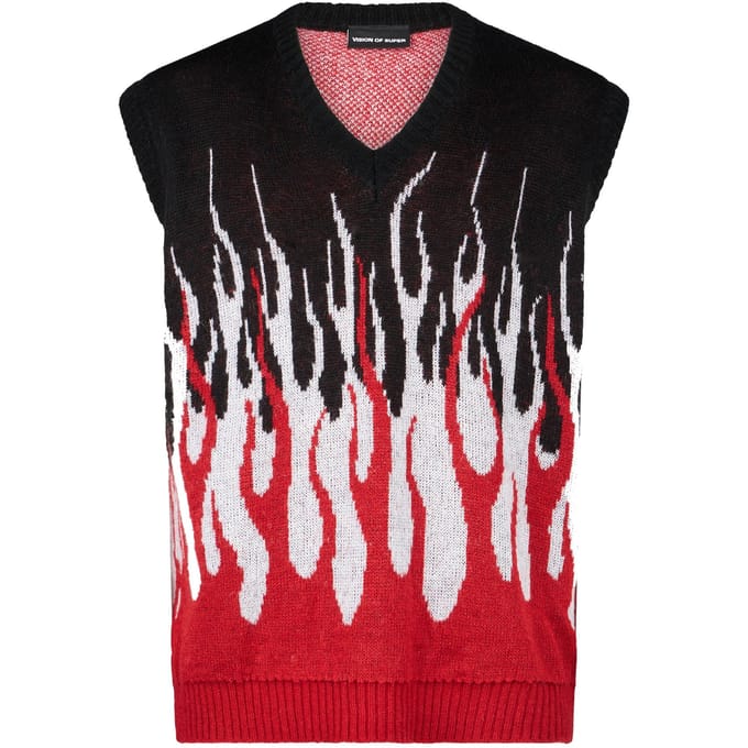 Mouwloze pullover jacquard vlammen herenvest zwart/wit/rood