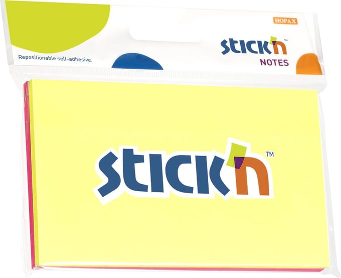 Stick'n sticky notes blister - 76x127mm, neon geel & magenta, 50 memoblaadjes