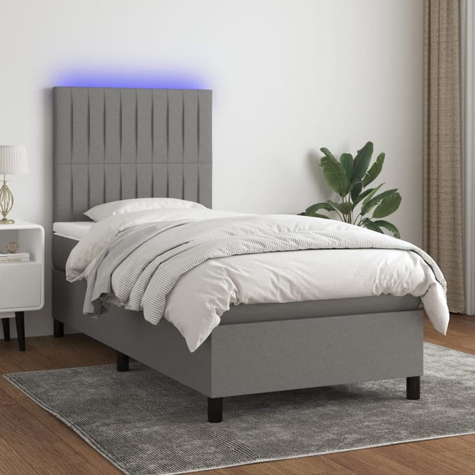 vidaXL - Boxspring - met - matras - en - LED - stof - donkergrijs - 90x200 - cm