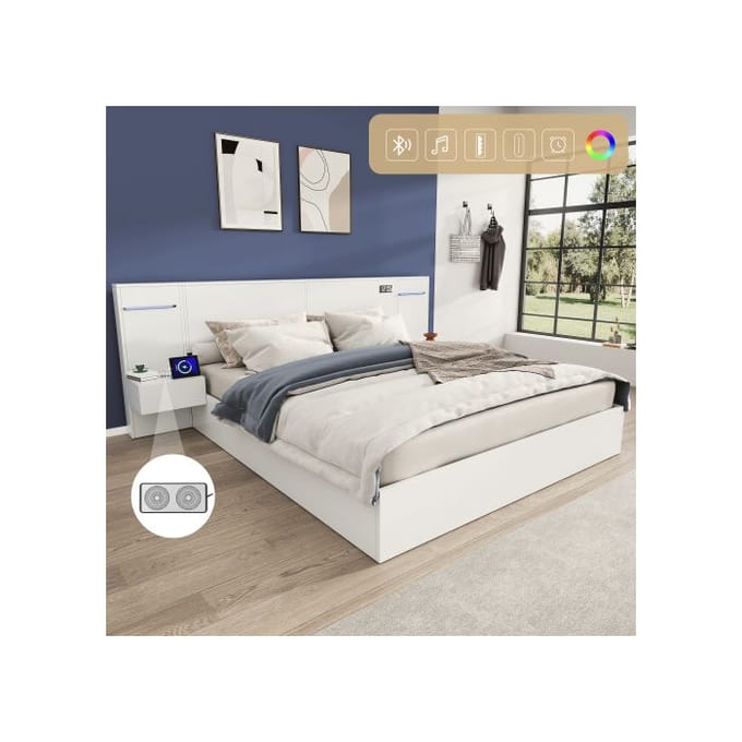 Lit double - MUVOE - 180x200 cm - Bois blanc - Connexion USB - Matelas intégré wit