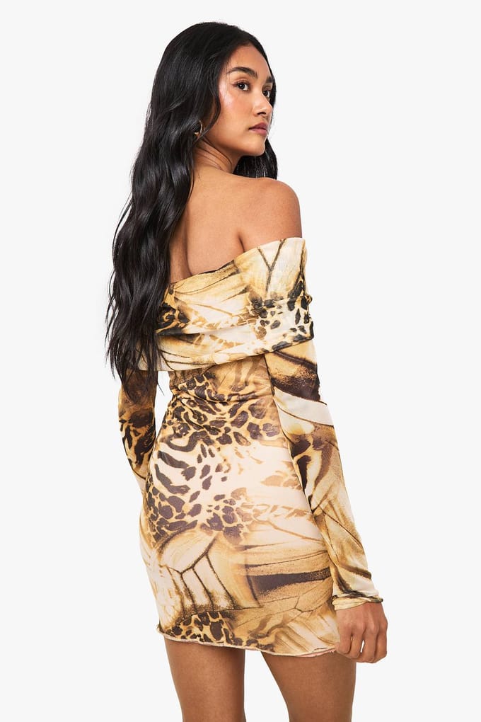 boohoo Dames Abstracte Mesh Twist-Front Bardot Mini-jurk | Brown | Maat: 12