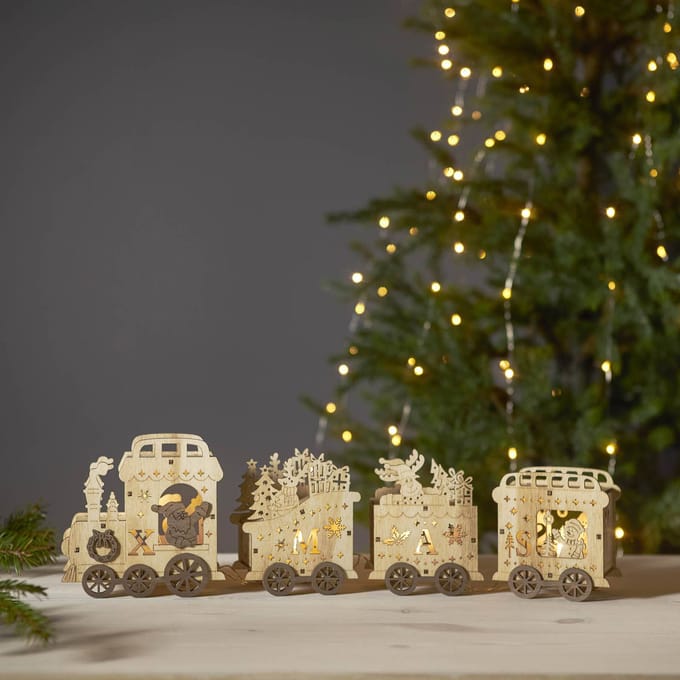 Star Trading Batterij-aangedreven Kersttrein 'Yuletide' van hout, 4 LED's, kerstversiering, 54 cm