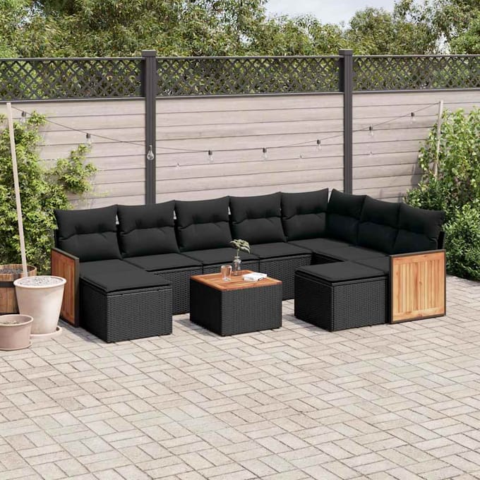 vidaXL - 10-delige - Loungeset - met - kussens - poly - rattan - zwart