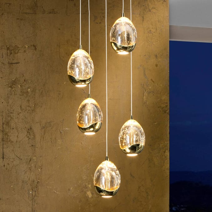 Schuller Valencia Hanglamp Rocio, 5-lamps, rond, metaal, glas, goud