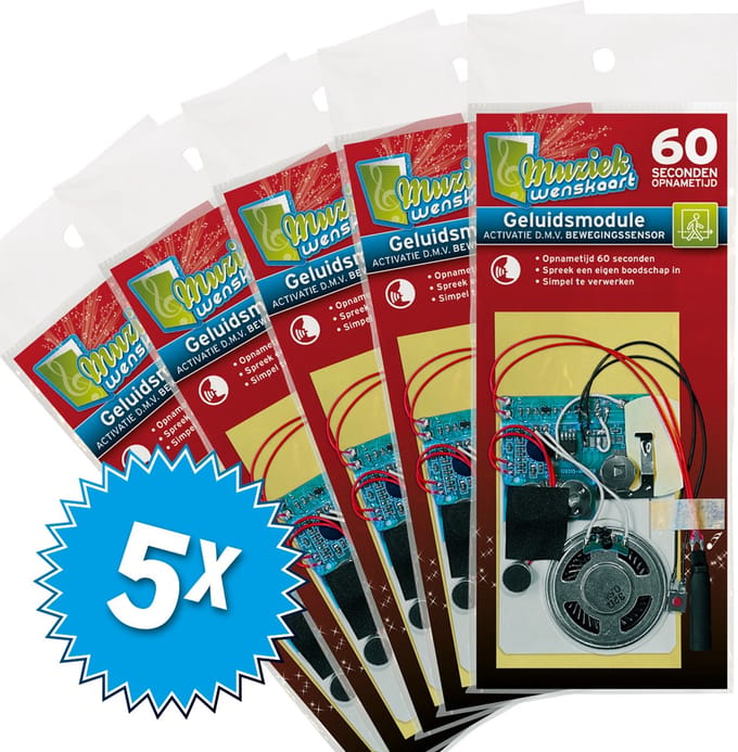 5x Geluidsmodule 60 sec. - geactiveerd door bewegingssensor - zelf opneembaar - spreek je eigen boodschap in - simpel te verwerken