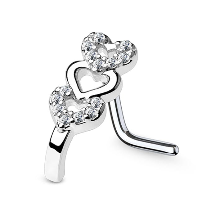Neuspiercing L-bend drietal hartjes CZ steentjes 0.8x6 - zilver - LMPiercings