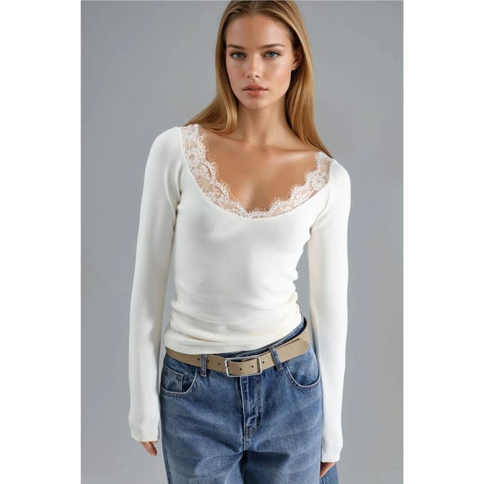Kant Gedetailleerde V-Hals Blouse