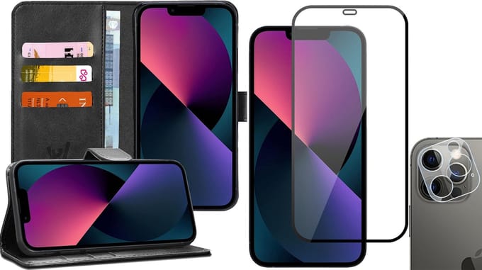 Hoesje geschikt voor iPhone 13 Pro - Book Case Kunstleer Wallet - Zwart - Met Full Screenprotector en Camera Screen Protector