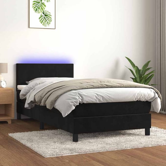 vidaXL - Boxspring - met - matras - en - LED - fluweel - zwart - 90x190 - cm
