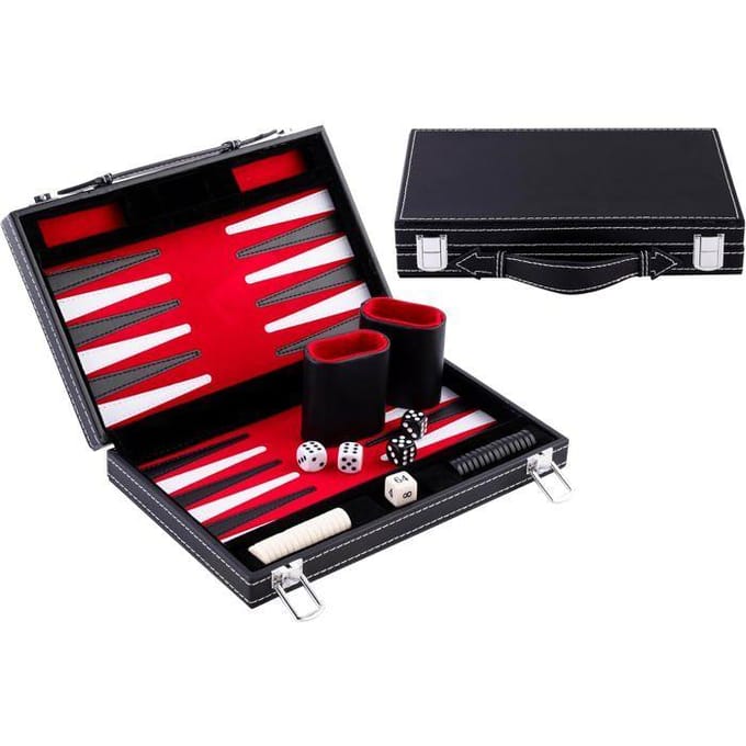 Backgammon 11 inch - Rood, Zwart & Wit Gestikt Bord - Kunstlederen Koffer met Handvat - Engelhart