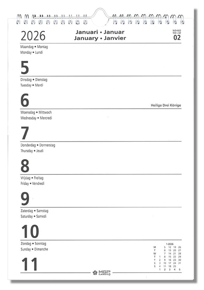 MGPcards - Groot Letter Kalender 2026 - formaat A4 - Week begint op maandag - 21 x 34 cm