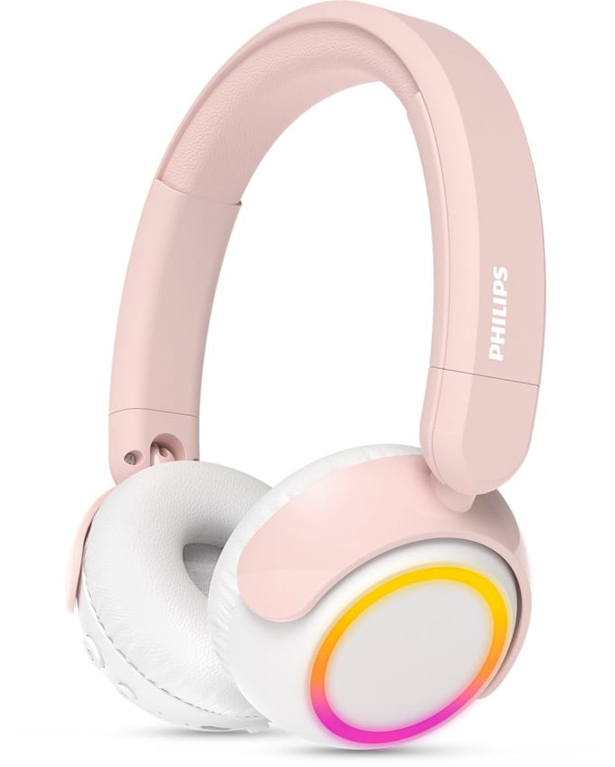 PHILIPS TAK4200PK On Ear draadloze opvouwbare hoofdtelefoon voor kinderen - 45 uur afspeeltijd, beperkt volume, Audio delen, laadkabel meegeleverd - Ambiant verlichting - Licht Roze / Wit