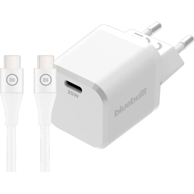 BlueBuilt Power Delivery Oplader 20W + Usb C Kabel 3m Nylon Wit