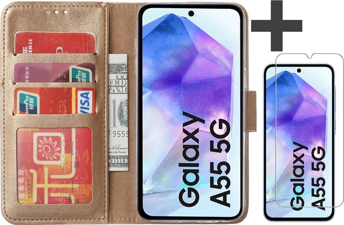 Hoesje met Screenprotector Geschikt voor Samsung Galaxy A55 – Arara bookcase met pasjeshouder - Goud