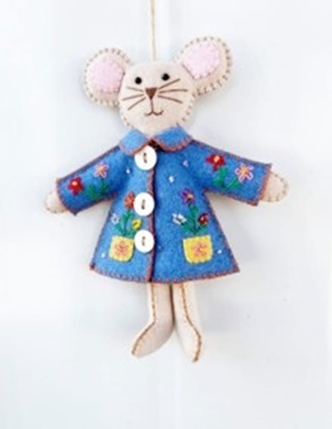 vilt Muis met blauwe jas, vilt 13x2x16cm