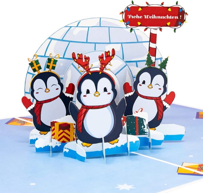 3D pop-up wenskaart met pinguïns – grappige kerstkaart in blauw