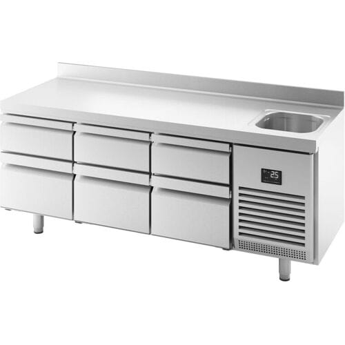 GGM Gastro Koelwerkbank PREMIUM PLUS - 1960x700mm - 465 liter - met 6 lades - opstand zilver