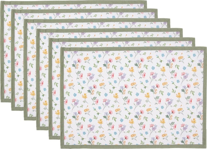 Clayre & Eef Placemats Set van 6 48x33 cm Wit Groen Katoen Bloemen