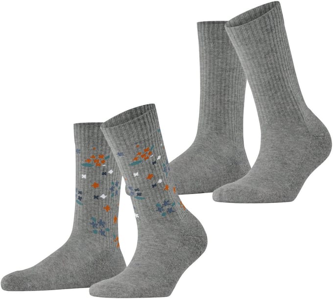 Esprit Flower Rib 2-Pack gedessineerd katoen multipack sokken dames grijs - maat 35-38