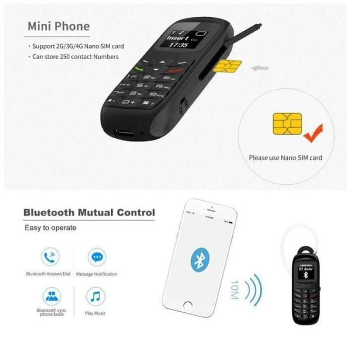 L8STAR BM70 Mini téléphone Mobile - Magic Voice Dialer Casque sans Fil Bluetooth Mini téléphone Mobile (Noir, Nouvelle Version 2018)