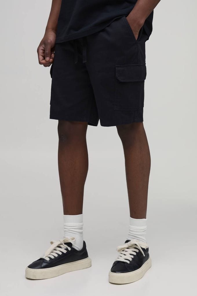 Lange Smalle Pasvorm Twill Middellange Cargo Shorts | Black | Size Medium