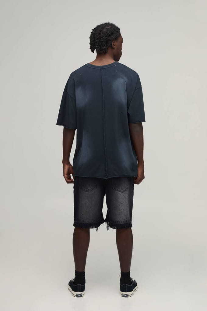 Relaxed Fit Stijve Extreem Gescheurde Denim Shorts | Washed Black | Size 32