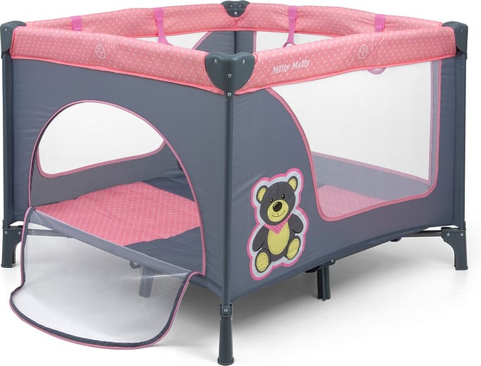 Milly Mally Fun Box - Baby Box - Inklapbaar met matras - Zij-ingang - Veilig en compact - Grijs/roze
