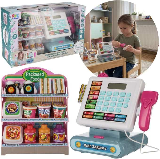 Interactieve kassa met accessoires voor kinderen, winkelspel, geluid 3+