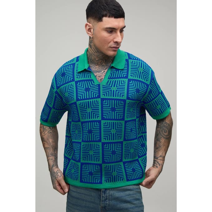 Tall Oversized Boxy Crochet Tapestry Knitted Polo T-Shirt | Green | Size Medium