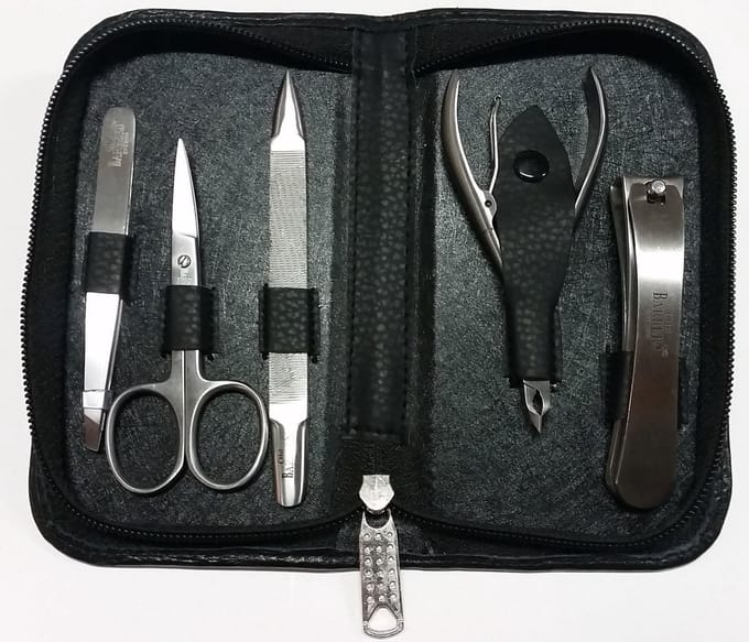 Old Barbers zeer luxe Manicure Etui - 6 Delig - RVS - Zwart - Echt Leer